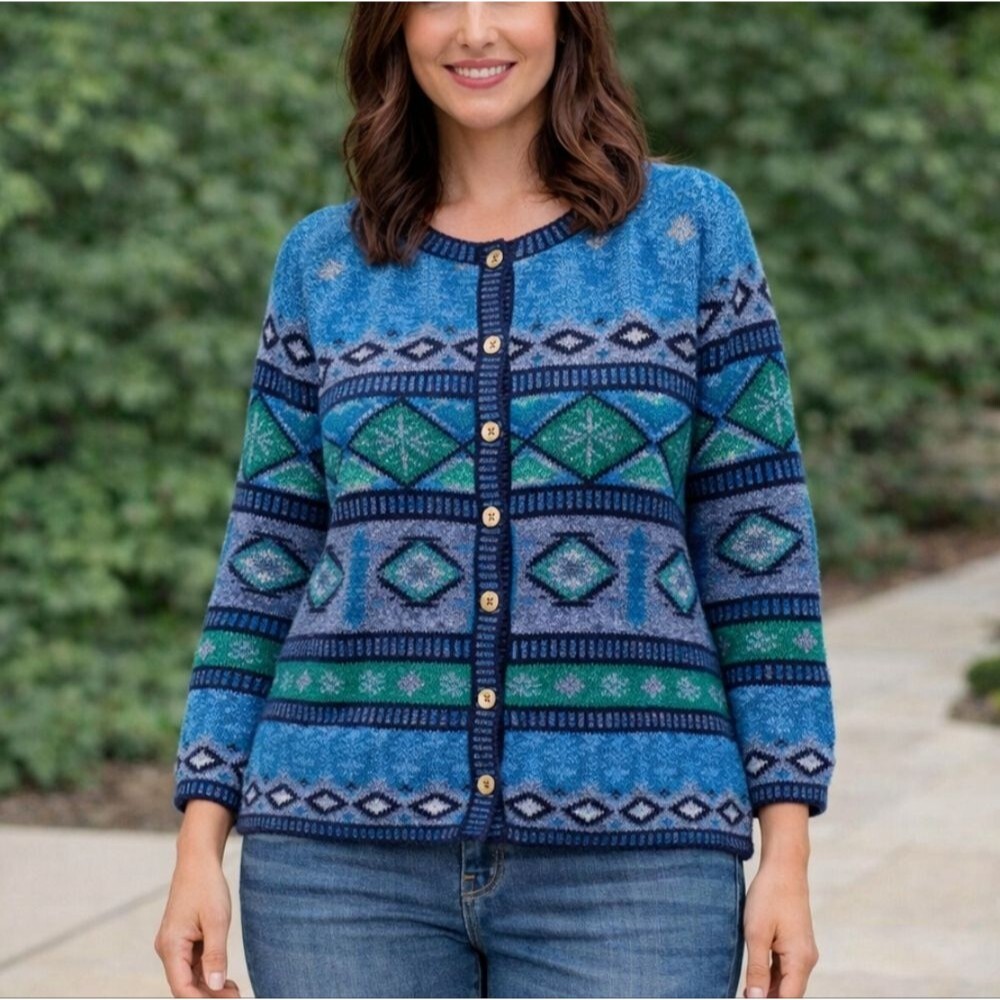 Portraits Northern Isles hand-knit cardigan sweater Chunky 3D Green Blue Coogi L